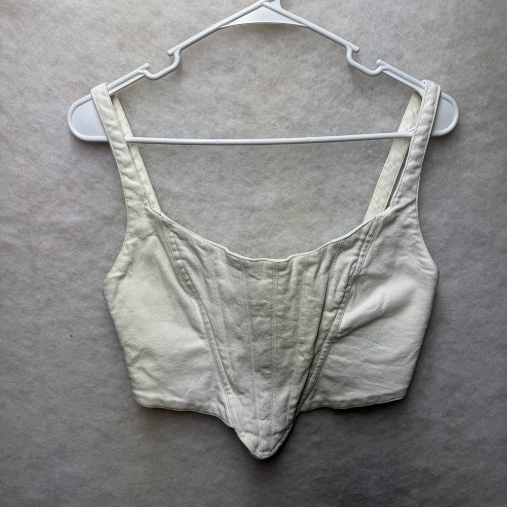 Zara Women's Size Small Crop Corset Denim Top Back Zip White